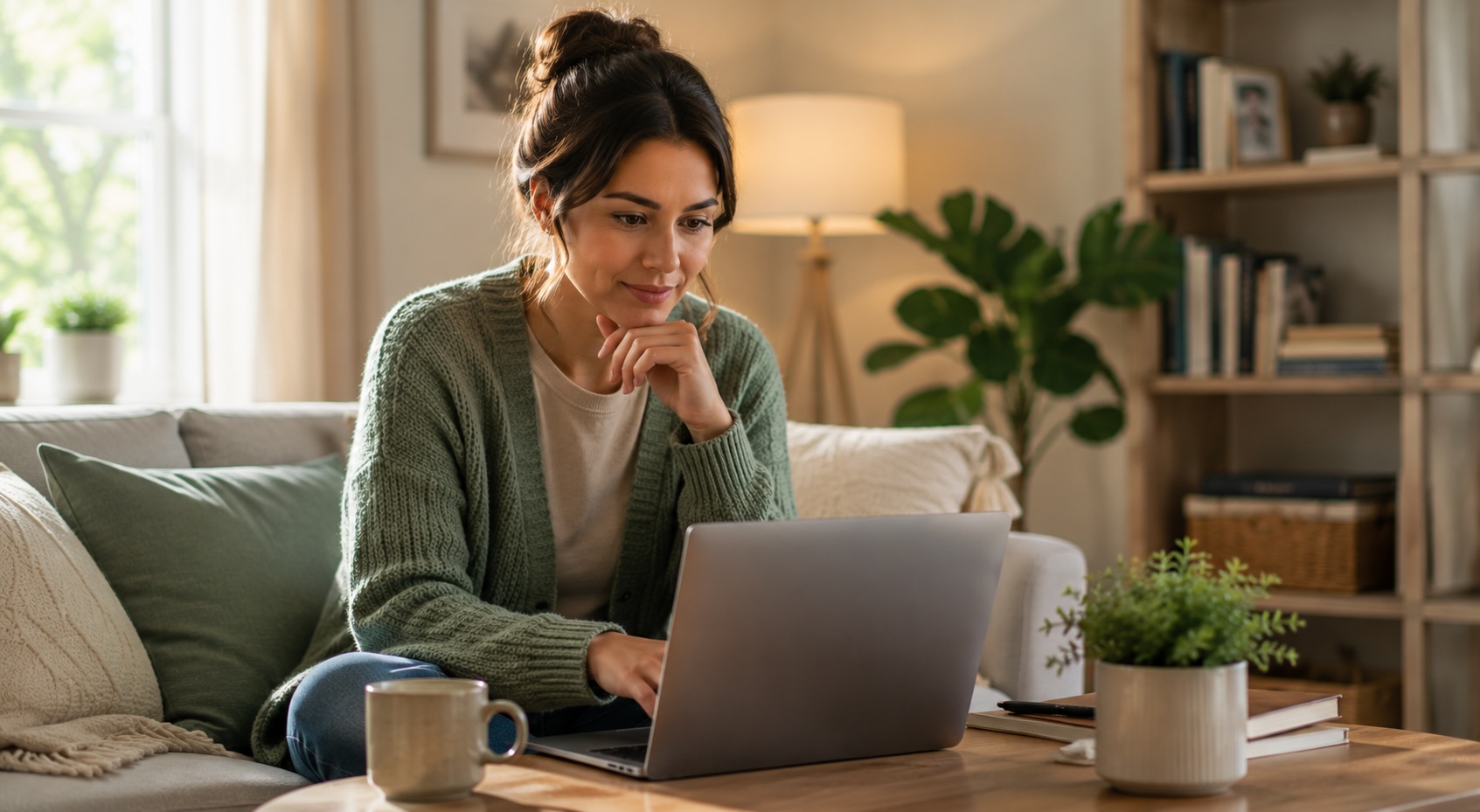 woman smiling looking at her computer